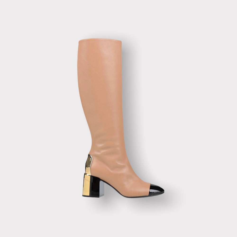 🎁. Casadei beige nude leather knee boots black toecap gold heel 9 39